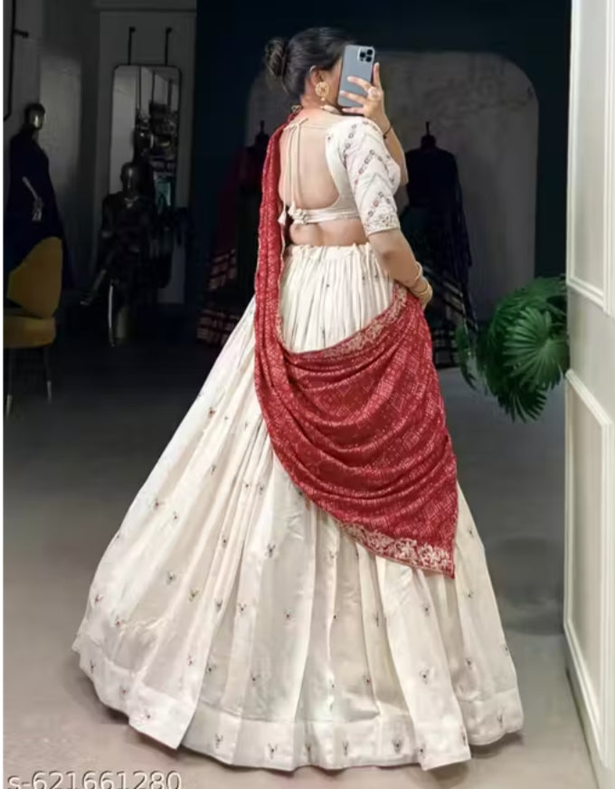Ivory Gold Embroidered Lehenga Choli with Ruby Red Bandhani Dupatta