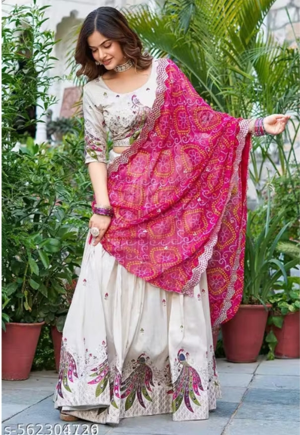 Royal Peacock Embroidered Cream Lehenga Choli with Bandhani Pink Dupatta