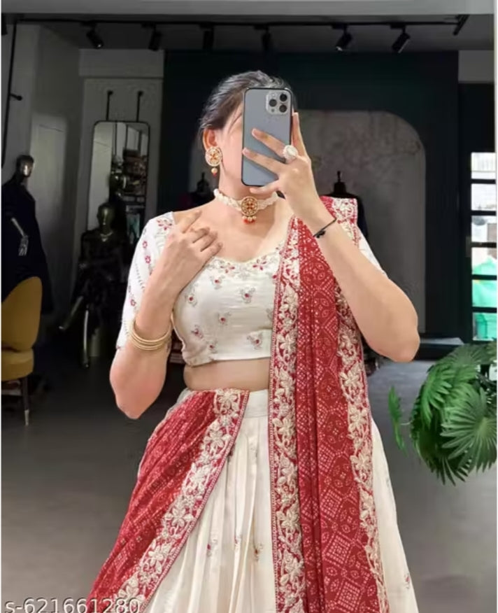 Ivory Gold Embroidered Lehenga Choli with Ruby Red Bandhani Dupatta