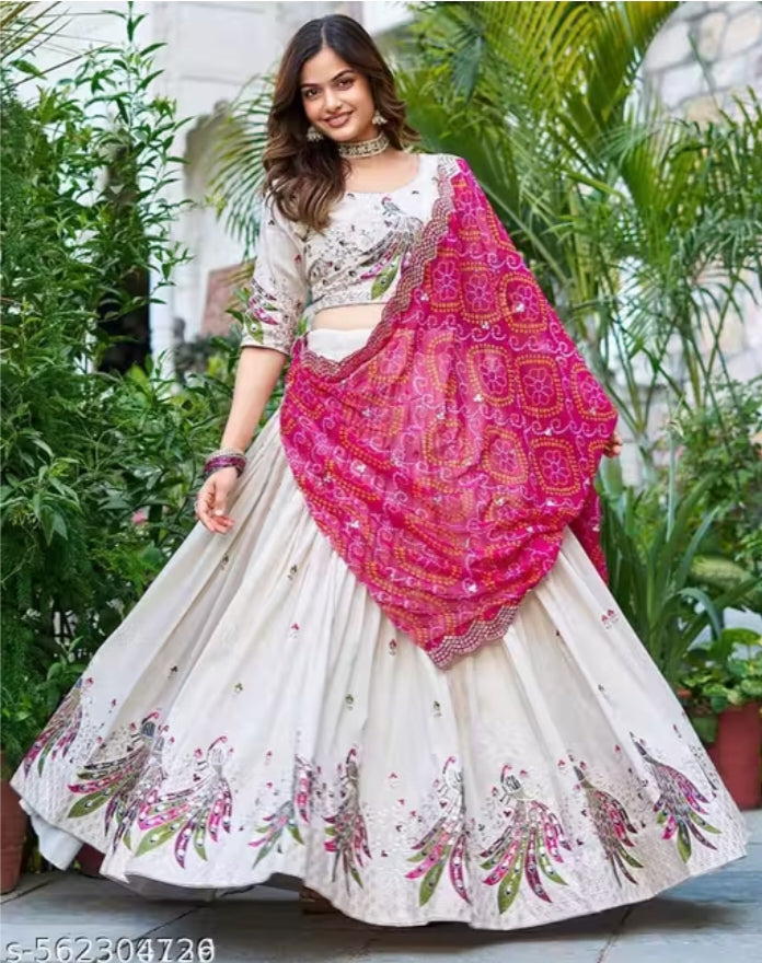 Royal Peacock Embroidered Cream Lehenga Choli with Bandhani Pink Dupatta