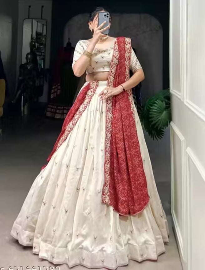 Ivory Gold Embroidered Lehenga Choli with Ruby Red Bandhani Dupatta