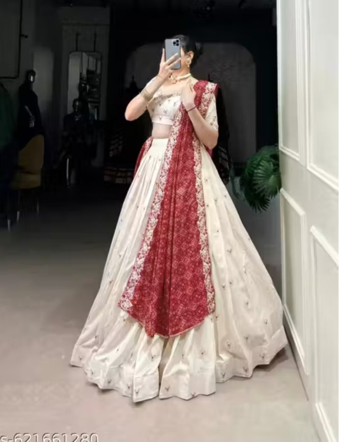 Ivory Gold Embroidered Lehenga Choli with Ruby Red Bandhani Dupatta