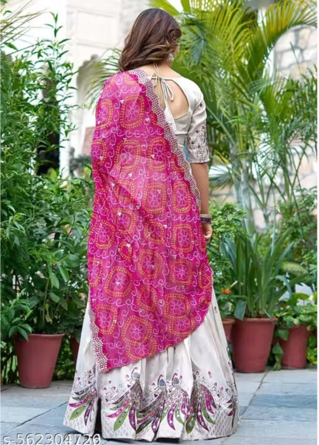 Royal Peacock Embroidered Cream Lehenga Choli with Bandhani Pink Dupatta
