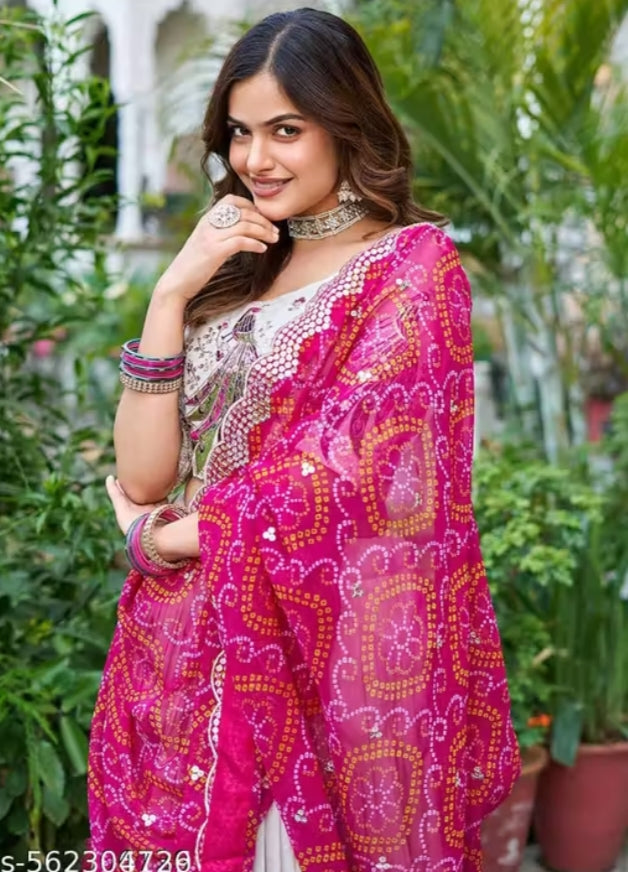 Royal Peacock Embroidered Cream Lehenga Choli with Bandhani Pink Dupatta